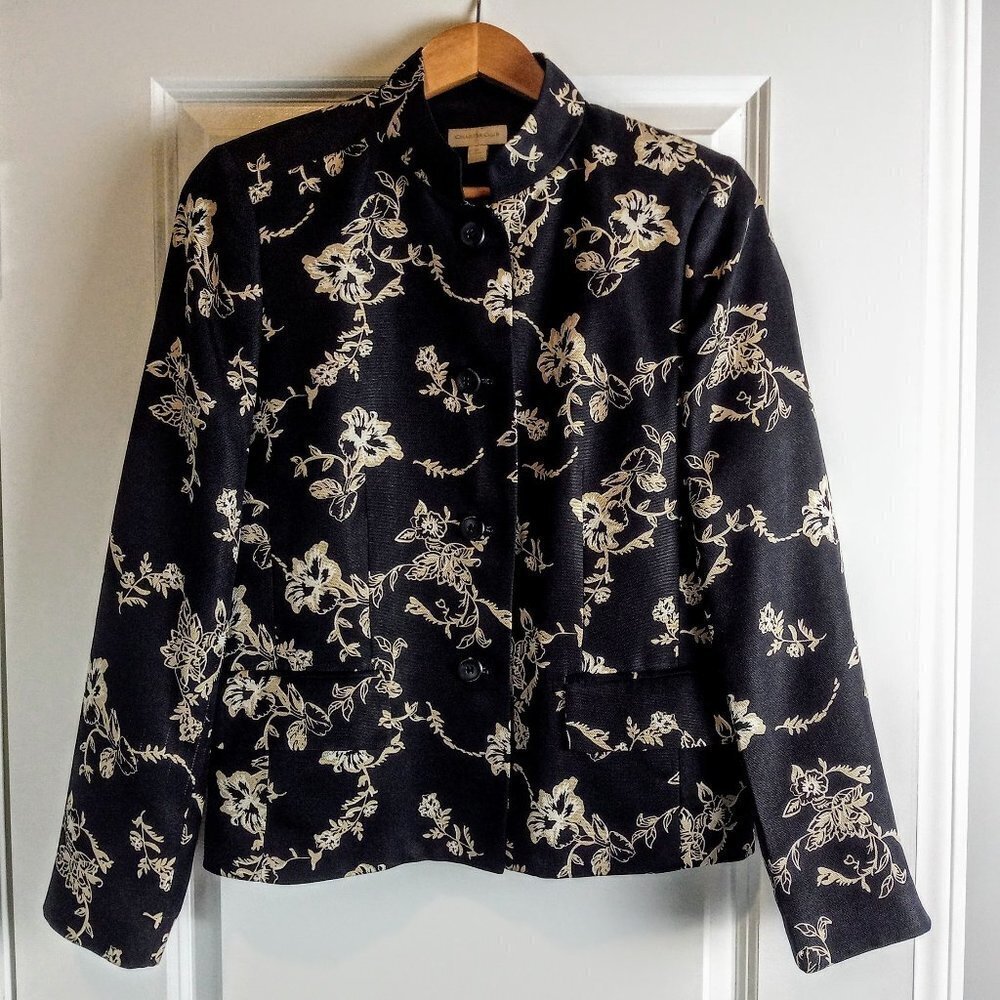 Charter Club Black Tan White Floral Print Pure Silk Blazer